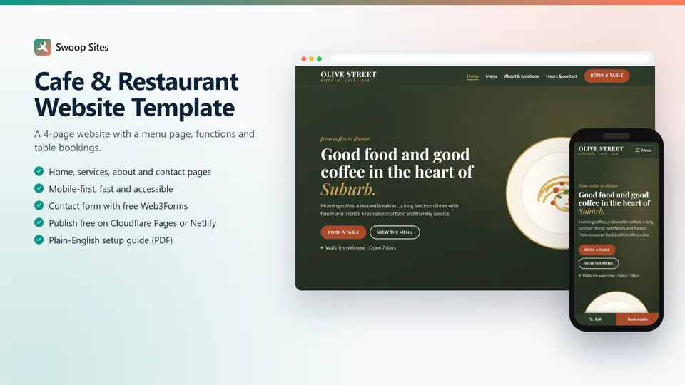 Cafe and restaurant website template, showing a cafe homepage on desktop and phone