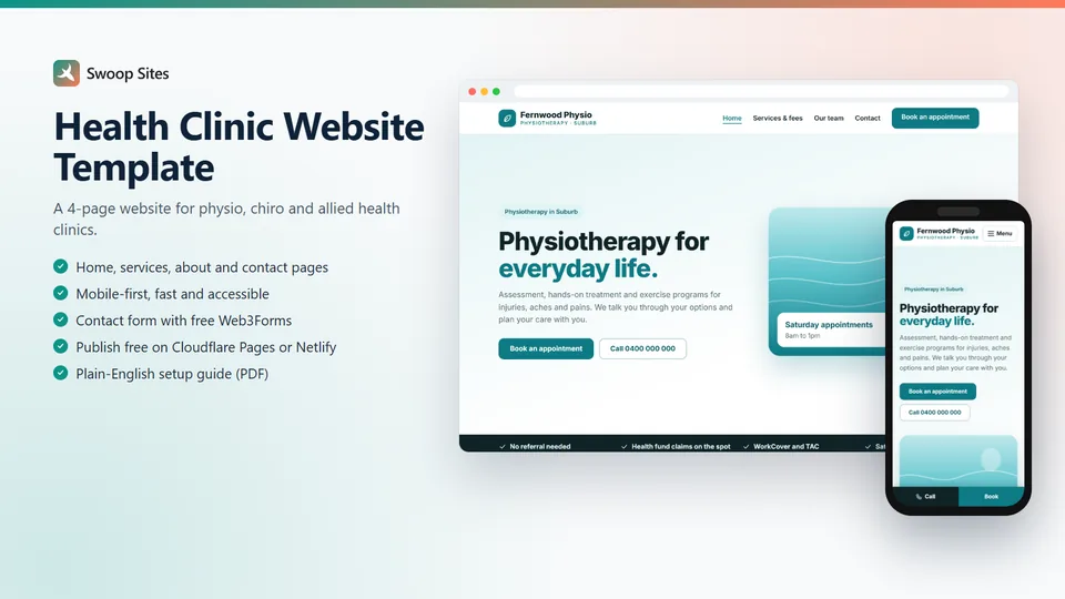 Health clinic website template, showing a physiotherapy clinic homepage on desktop and phone