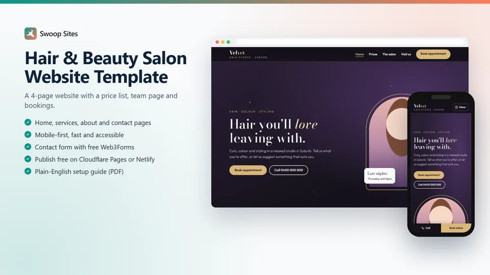 Hair and beauty salon website template, showing a salon homepage on desktop and phone