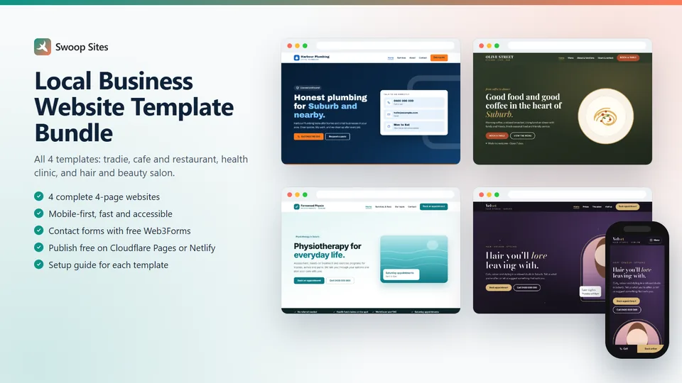 All four website templates together: tradie, cafe, health clinic and hair salon